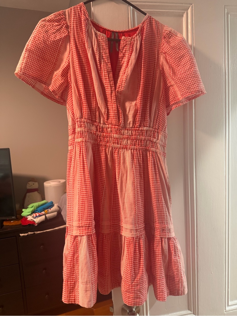 Anthropologie Coral Gingham Mini Dress